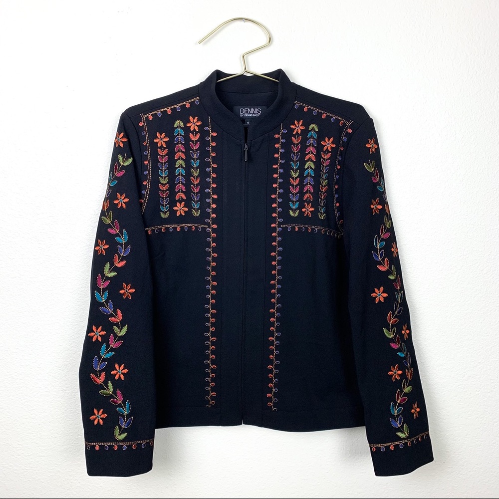 Dennis by Dennis Basso Multicolor Embroidered Floral Mandarin Collar Coat Jacket